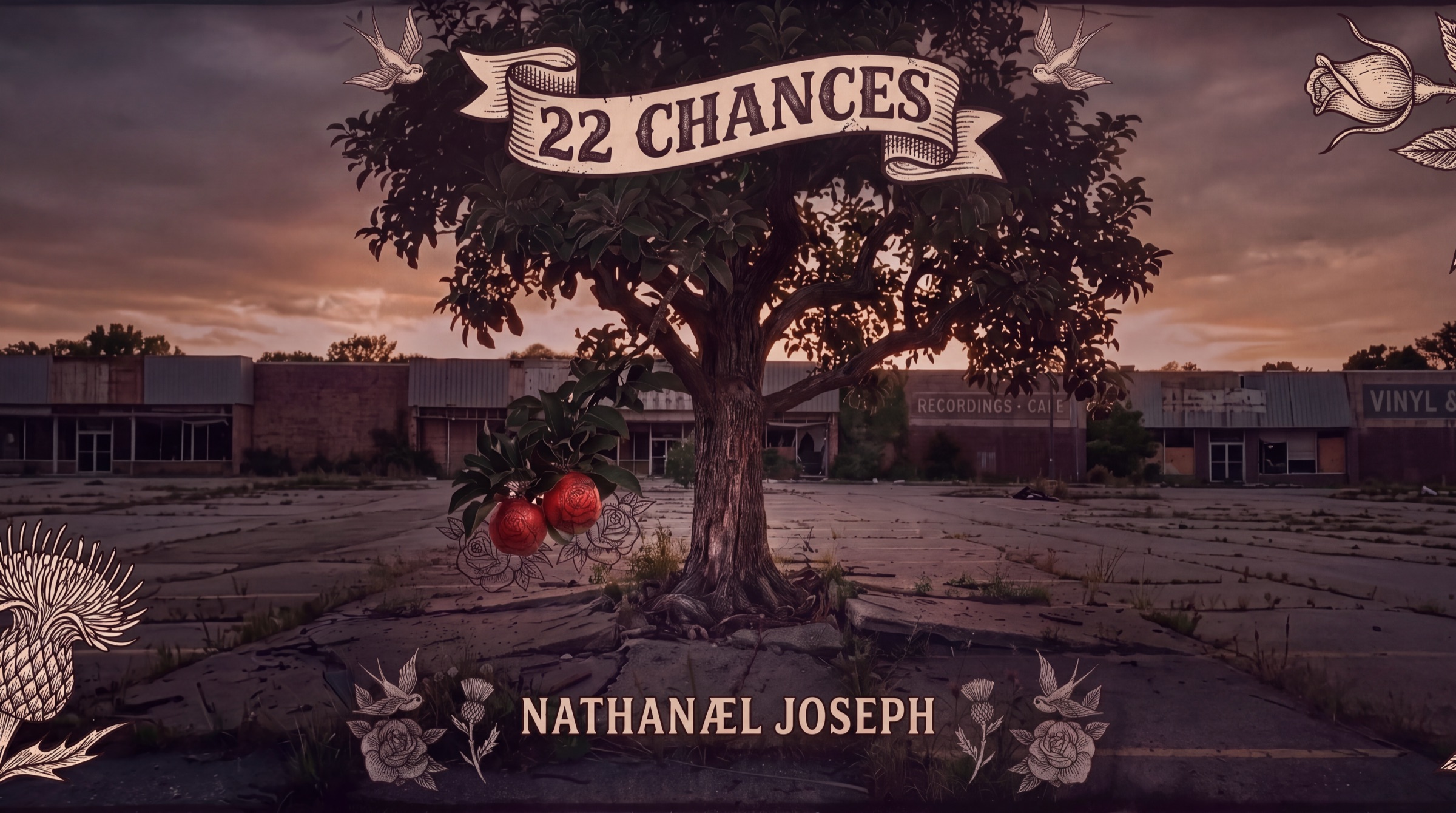 22 Chances — Nathanael Joseph: an apple tree in bloom rooted in the cracked lot of an abandoned strip mall at dusk